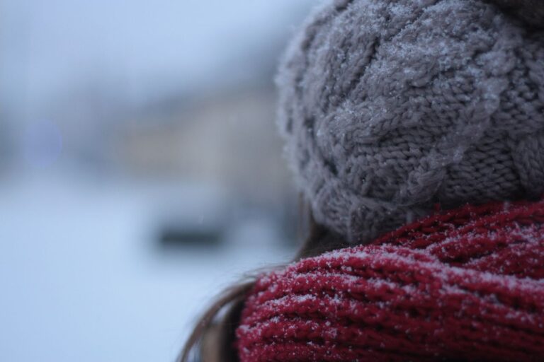 Close-up of a person wearing a knit hat and scarf with snowflakes in a winter setting.